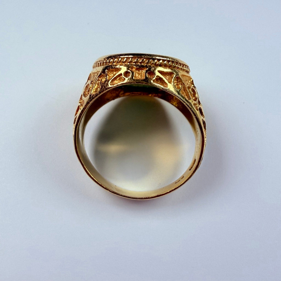 Estate 18K Solid Yellow Gold Mens Natural Jade Signet VTG Antique Scroll Ring - Picture 5 of 12